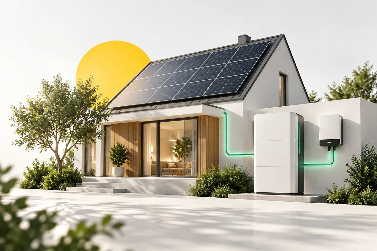 Ilustrim konceptual me AI: shtëpi me panele solare, bateri dhe inverter
