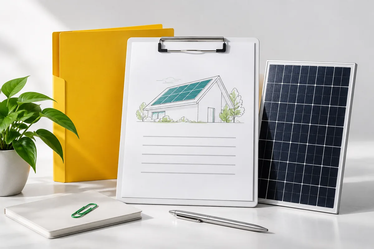 Ilustrim konceptual me AI: dosje dhe dokumentacion për një projekt solar